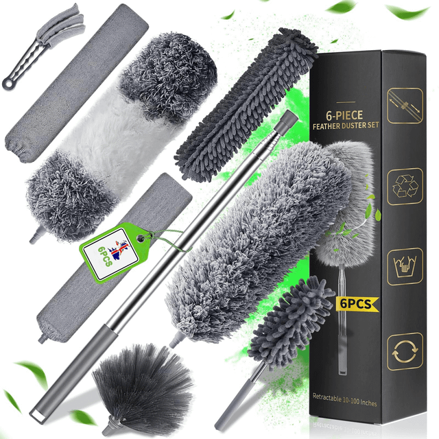 TEMU 6 Pcs Feather Duster, Duster Retractable 10-100 Inches, Dusters For Cleaning Detachable And Reusable, Extendable Duster For Cleaning Cobwebs Ceiling Fans Lights Blinds Cars Furniture