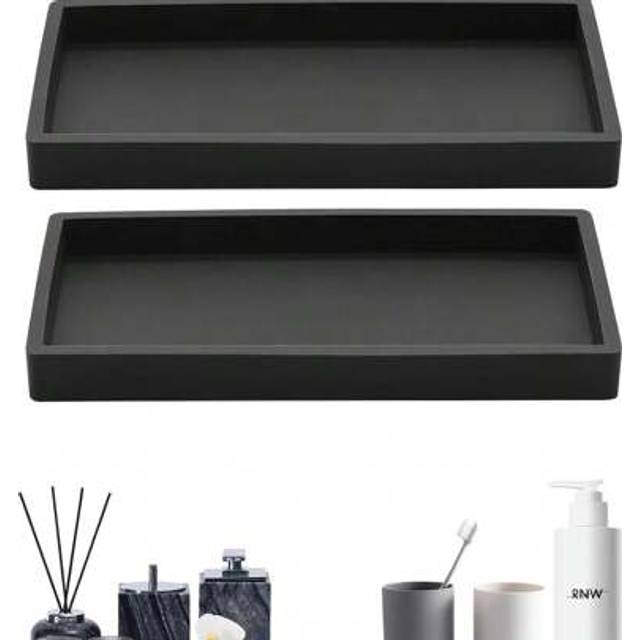 SHEIN 2pcs Set 7.9-Inch Black Bathroom Silicone Tray, Flexible Rectangular Soap Dish For Bathroom And Kitchen Countertop, Modern Minimalist Style Vanity Tra