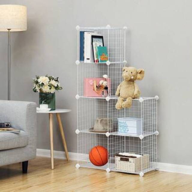 SHEIN 6-Cube Wire Grid Storage Rack, Interlocking Shelving Unit With Metal Mesh Shelves And PP Plastic Sheets, For Books Shoes Clothes Tools, In Living Room