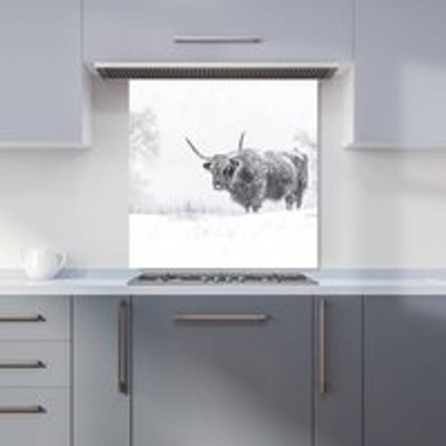 Warren Reed - Designer Snowy Black And White Highland Cow Kitchen Splashback W600Mm X H600Mm, Multi