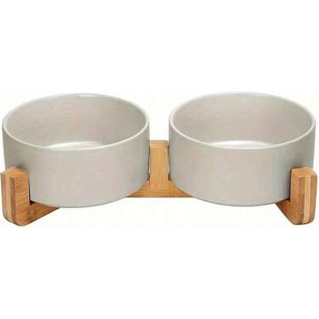 SHEIN Ceramic Cat Dog Bowls Raised Food And Water Dish With Anti-Slip Wooden Stand Elevated Round Pet Feeding Bowl Dishwasher Safe & Easy To Clean