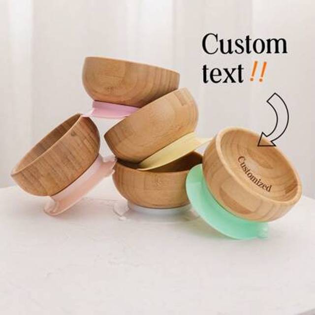 SHEIN Personalized Customizable Bamboo Wooden Bowl Baby Feeding Bowl Wooden Kids Feeding Supplies For Baby Tableware Suction Round Shaped Bowl Dinnerware Pr