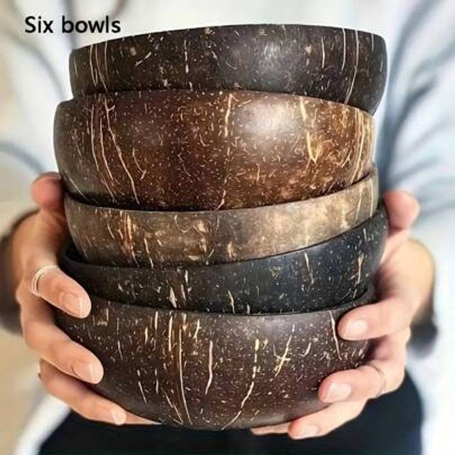 SHEIN 6pcs Handmade Natural Coconut Shell Bowls, Natural Coconut Made Into Irregular Round Shapes - Natural Wooden Salad, Smoothie Bowls - High Quality Vega