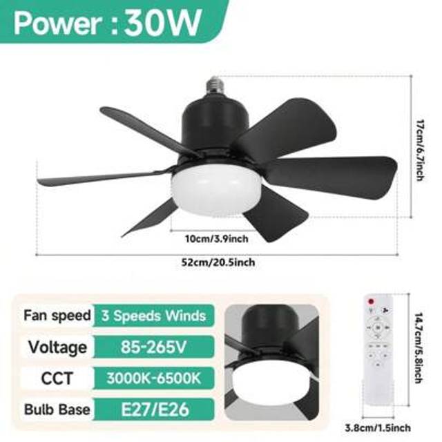 SHEIN E27 Socket Ceiling Fan With LED Lights For Bedroom, Energy-Saving Fan Light With LED Lamp Bulb, 3-Speed Wind Speed Dimmable Fan Light With Remote Cont