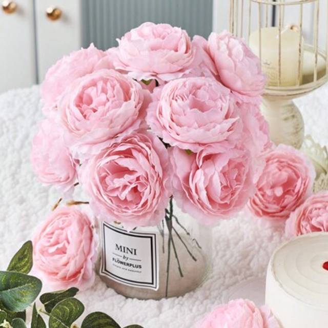 SHEIN 12/24pcs Artificial Peony Flowers Simulated Peony Flower Heads With Stems For Wedding Party Decoration, Cake Decoration And Home Living Room Table Cen