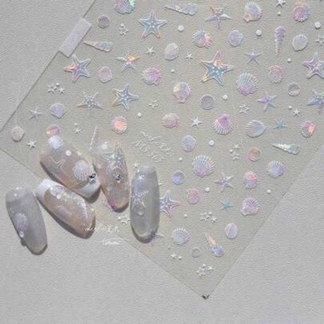 SHEIN 1pc Summer Beach Ocean Shell Starfish Clams Conch Stars Sea Bubble Seasnail Soft Relief Decoration Nail Art Stickers Manicure Decals