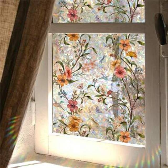 SHEIN 1Roll Rainbow Window Privacy Film Holographic Stained Glass Window Film Vinyl Static Cling Sticker Non-Adhesive Removable House Window Tint For Home R