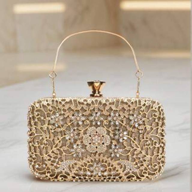 SHEIN Party Handbag With Metal Handle Diamond Evening Clutch Bag Women Wedding Golden Clutch Purse Chain Shoulder Bag Small