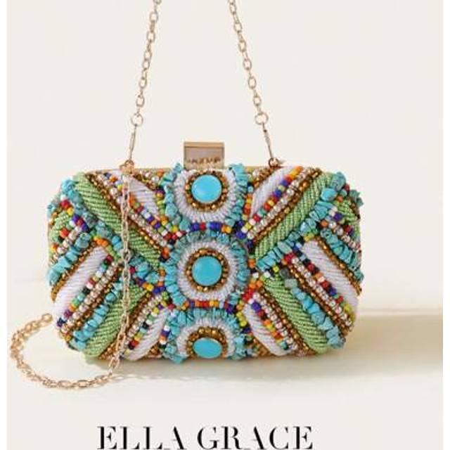 SHEIN ELLA GRACE-Vintage Beaded Clutch With Colorful Stones & Detailing â Art Deco Metal Frame, Detachable Chain For Weddings/Parties/Vacations â Gift-R