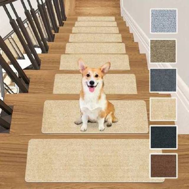SHEIN 7/15 Pieces Of 19*45cm Rectangular Non-Slip Stair Tread Carpets With Blank Patterns Self-Adhesive Non-Slip Stair Treads For Wooden Steps - 22x70cm Pee