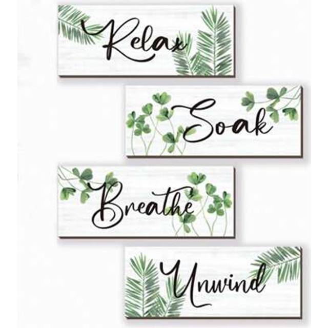 SHEIN 4 Pcs Farmhouse Bathroom Wall Decors Relax Soak Unwind Breathe Wooden Word Sign Green Hanging Wall Art Rustic Office Wall Decor For Bedroom Living Roo