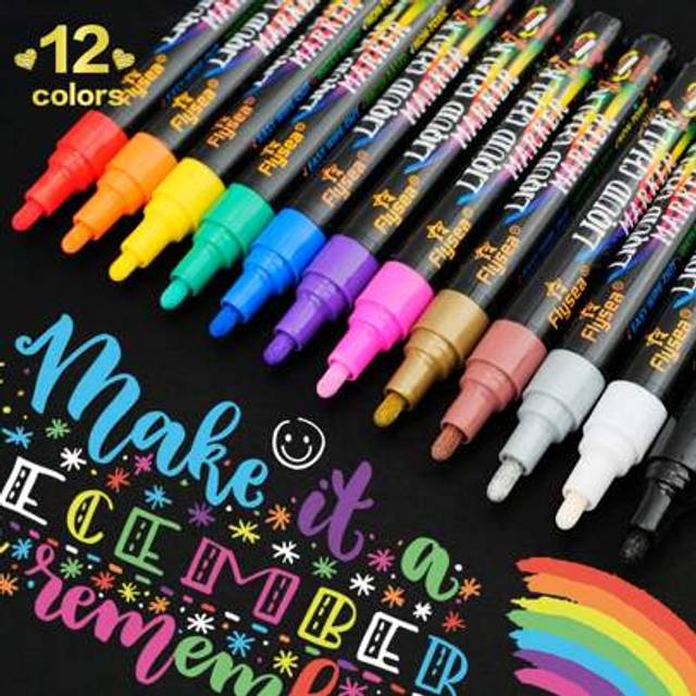 SHEIN 12 Pcs/Box Washable & Wet-Wipe Liquid Chalk Markers, Suitable For Blackboard, Whiteboard, LED Glass Window, Car Window Painting, Fluorescent Advertisi