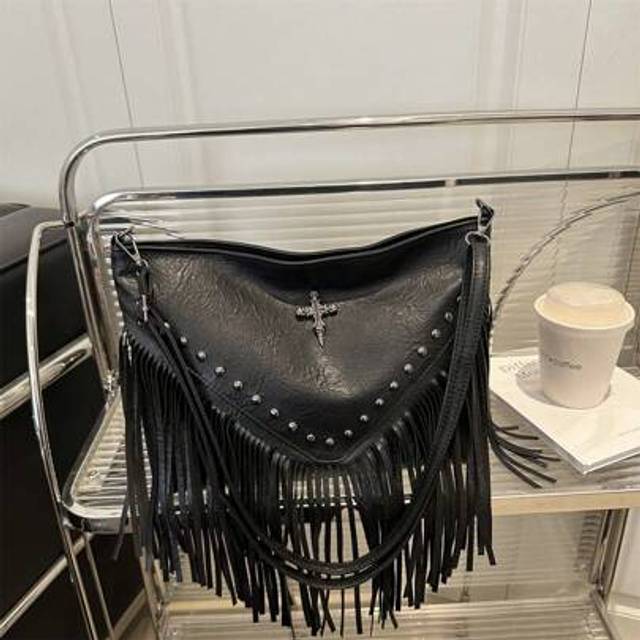 SHEIN Fashion Vintage Leather Crossbody Bag, Boho Style Shoulder Bag, Tassel Rivet Cross Decor Square Purse Casual Messenger Bag For Travel & Every Day, Por