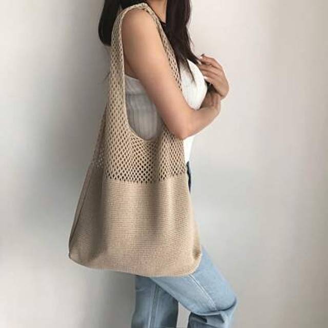 SHEIN Chic Boho Crochet Beach Tote - Solid Color Knit Shoulder Bag With Mesh Design, Perfect For Summer Vacations & Everyday Use