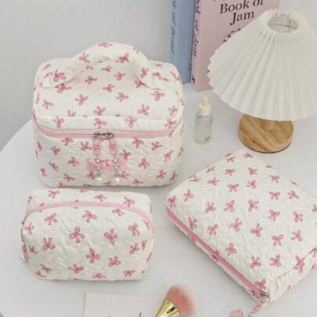 SHEIN 1Piece Kawaii Cosmetic Bag Set With Bow Pendant Print Bow Makeup Bag Frill Fabric Cosmetic Pouch Cute Zipper Pouch Cute Minimalist Toiletry Bag Multif