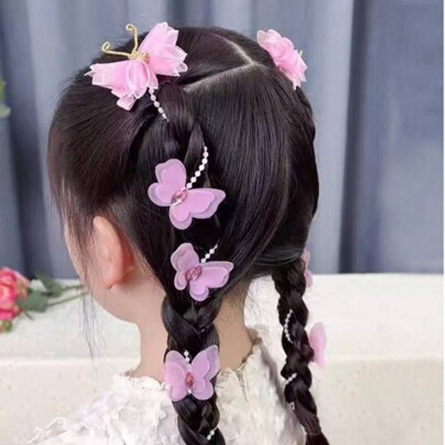 SHEIN 2 Pieces Of Pink Pearl Butterfly Braided Hair Chain Hair Clip For Little Girls Super Fairy Sweet Tassel Braided Hair Rope For Girls Hair Clip Princess