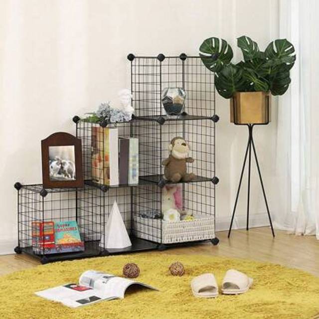 SHEIN 6-Cube Wire Grid Storage Rack, Interlocking Shelving Unit With Metal Mesh Shelves And PP Plastic Sheets, For Books Shoes Clothes Tools, In Living Room