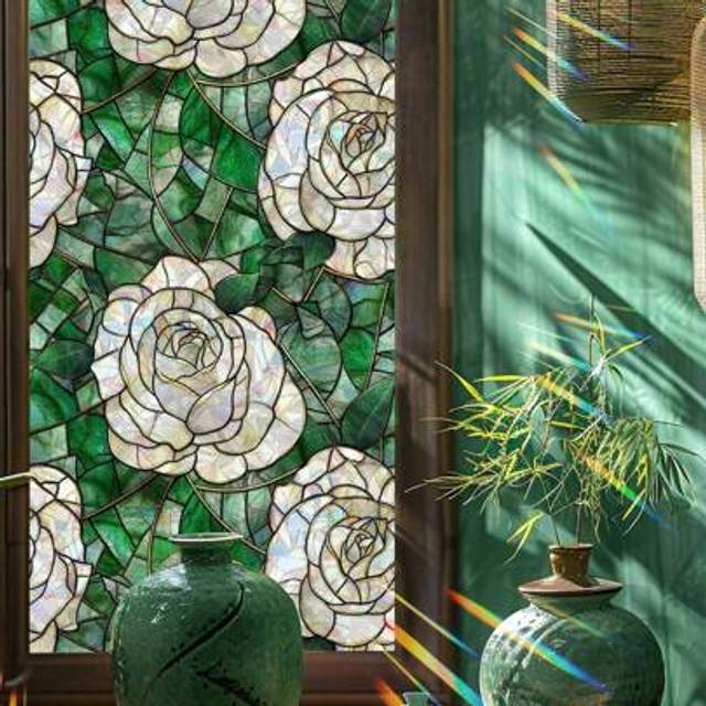 SHEIN 1pc Vintage Green Rose Printed Static Cling Window Glass Decoration Sticker With Colorful Effect, Waterproof, Anti-Moisture, Cuttable & Residue-Free,
