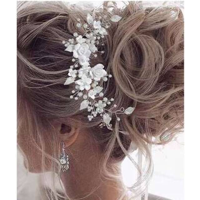 SHEIN 1pc Bride Wedding Season Rose Flower Metal Leaf & Pearl Decor Hair Clip, Romantic Headdress Claw Clips Hair Claws Hair Barrettes