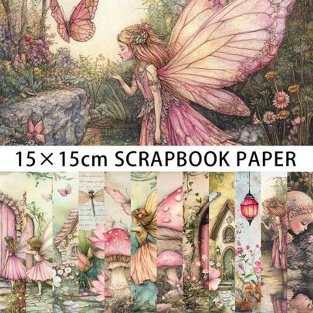 SHEIN 12PCS Vintage Fairy Scrapbook Paper Pad, 5.9*5.9inch Single-Sided Pink Fairy Mushroom Flower Butterfly Design Scrapbooking Paper For Journaling, Handm