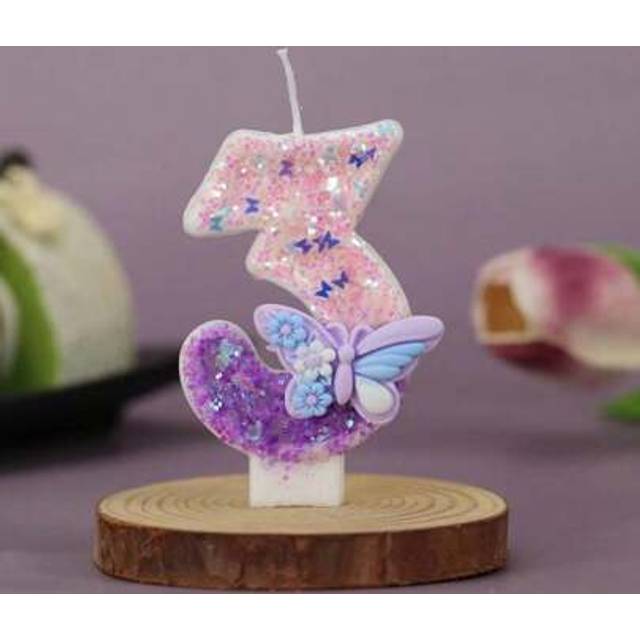 SHEIN 1pc Purple Glitter Butterfly Cake Candles, 2.76in/7cm Beautiful Numeral Birthday Candles Number 0-9, Glitter Cake Topper Decoration For Birthday, Wedd