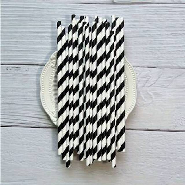 SHEIN 25 Elegant Black And White Striped Paper Straws - Perfect For Birthday Parties, Weddings, Engagements And Anniversaries | Fashionable Beverage Accesso