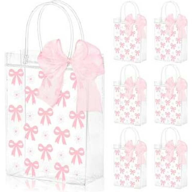 SHEIN 1/3/5pcs Pink Bow Clear PVC Gift Bags Pink Bowknot Daisy Flower Party Favor Bags Treat Tote Bags For Wedding Birthday Bachelorette Birthday Party Show