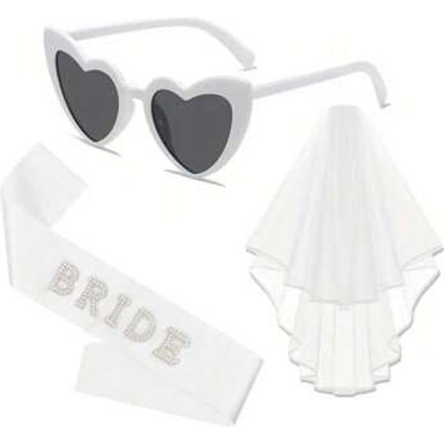 SHEIN 3pcs/Set, Bachelorette Party Bride To Be Decorations Kit, Bridal Shower Decorations, Sash For Bride, White Heart Glasses, Veil, Wedding Decorations, W