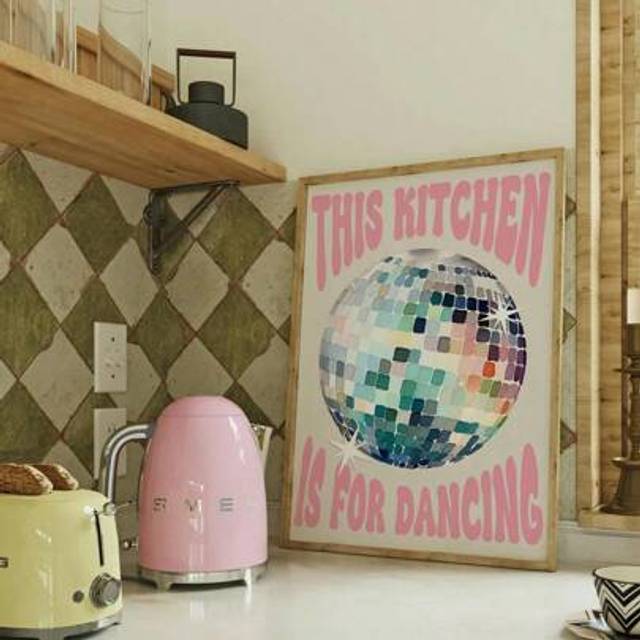 SHEIN 1pc, Wall Arts, Vintage Posters, This Kitchen Is For Dancing Prints, Pink, Disco Ball, Retro Posters, Posters, Wall Art, Kitchen Prints, Kitchen Decor