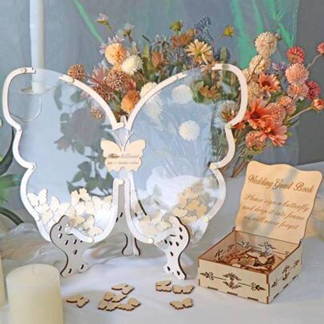 SHEIN Wedding Guest Book Alternative Wooden Butterfly Guest Book For Wedding Reception Personalized Guest Book Sign With Large Photo Frame For Bridal Shower