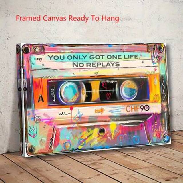SHEIN 1pc Wooden Framed Canvas Wall Arts - Retro 80s Cassette Tape Art Print With &#34;You Only Got One Life&#34; Quote, Vibrant Colorful Abstract Music Posters, Re