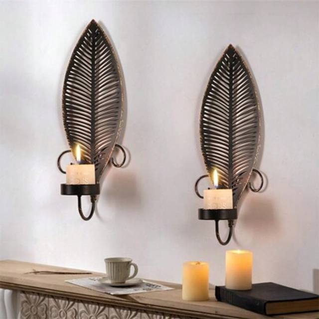 SHEIN 2PCS Rustic Wall Sconces Candle Holder Set With Leaf Design, Farmhouse Metal Sconces Wall Decor, Decorative Candle For Living Room, Bedroom, Hallway G