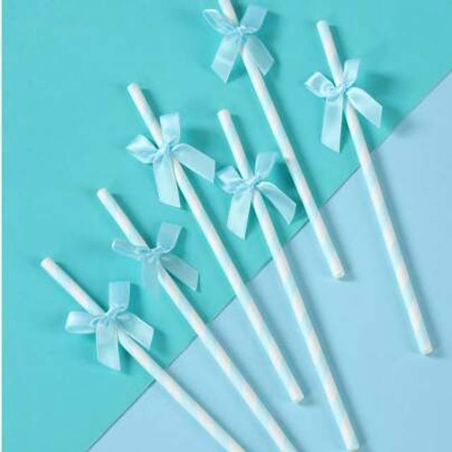 SHEIN 8/16pcs Light Blue Striped Paper Straws With Ribbon Bow For Drinking And Crafts, Party Paper, Straws, Tableware Supplies, Birthday Party Wedding, Anni