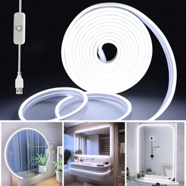SHEIN 1m/2m/3m/4m/5m USB Flexible LED Neon Decorative Light Strip, Dimmable Atmosphere Lamp For Live Streaming, Makeup Mirror, Bathroom Lighting, Button Swi