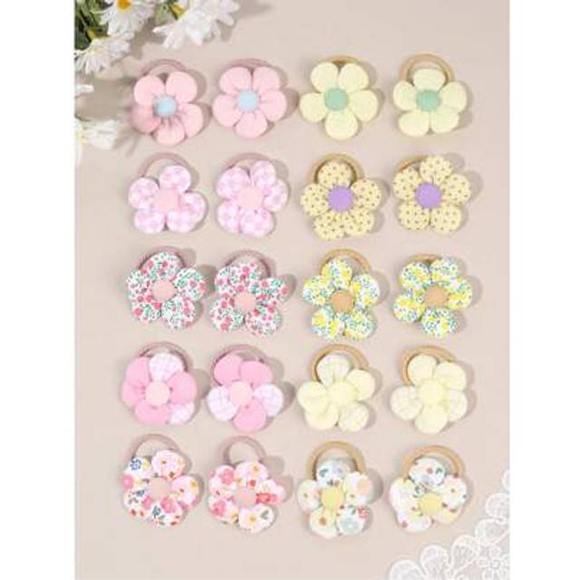 SHEIN 10pcs Pink Yellow Hair Ties For Girls Cute Blue Flower Hair Ropes For Girls Elastic Hair Ponytail Holder Flower Hair Elastics Stretchy Bands Kids Baby
