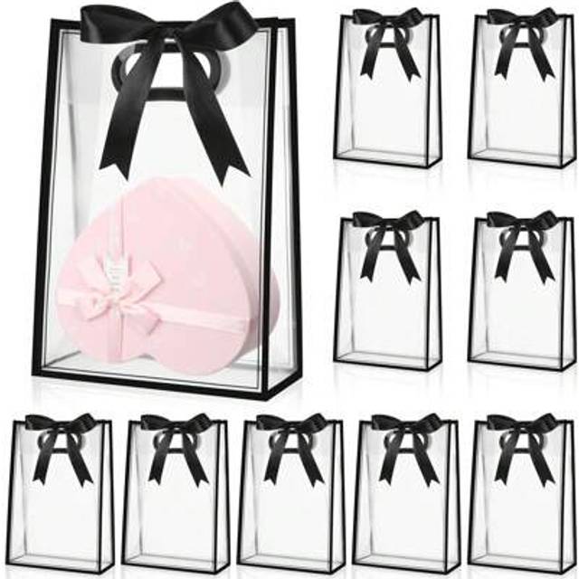 SHEIN 5pcs-Transparent Plastic Gift Bag With Die-Cut Handle, Reusable PP Flower Bag With Ribbon, Suitable For Wedding Bridal Birthday Party Business, Can Be