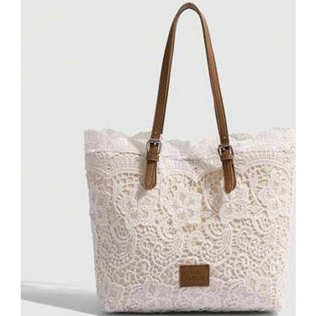 SHEIN Women&#39;s Handbag, White, White Lace Tote Bag, Brown Leather Single Shoulder Lace Bag, Sweet Style Lace Small Tote Bag, Leisure Travel Lace Shopping Bag