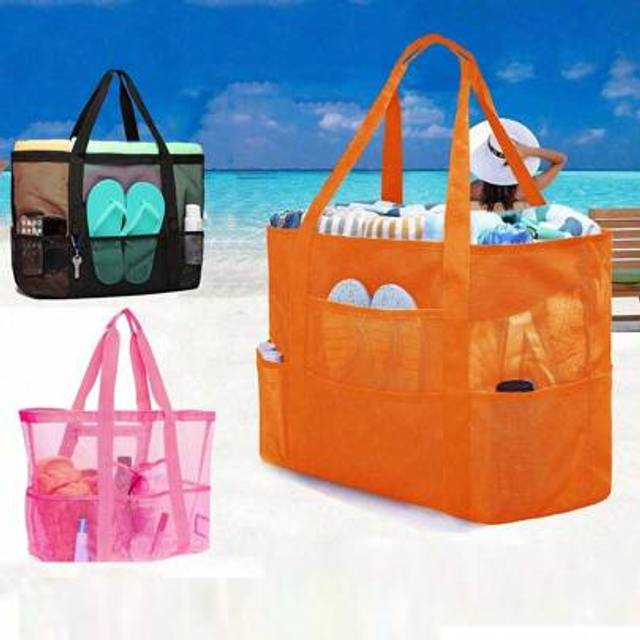 SHEIN Mesh Beach Bag Large Beach Tote Bag, Multi-Use Organizer With Zipper Closure, Foldable Handy Large Mesh Tote Bag Lightweight For Family Beach Bag For
