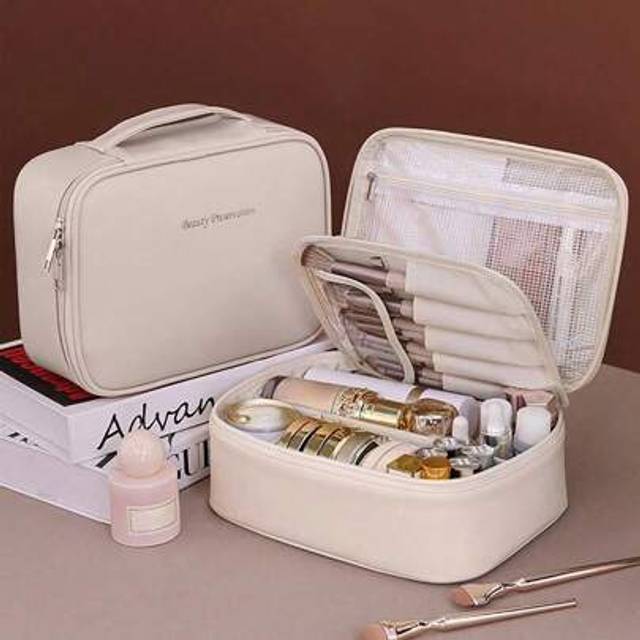 SHEIN 1pc Multifunctional Large Capacity PU Cosmetic Bag For Women, Removable Divider, Makeup Tool Organizer, Travel Storage Pouch