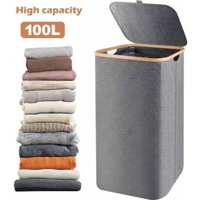 SHEIN 100L Large Bamboo Laundry Basket, Collapsible Laundry Hamper With Lid Washing Basket 41*33*74cm