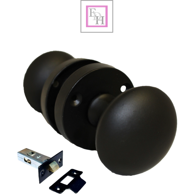 Matt black round door knob set including tubular latch - modern victorian style1