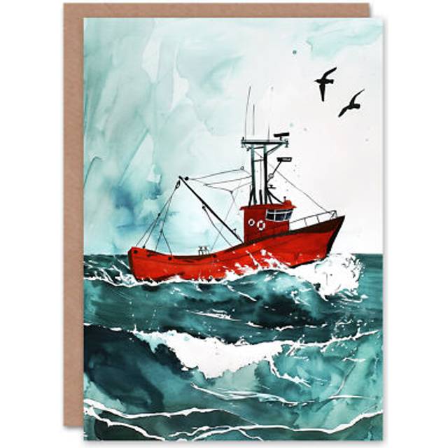 Greeting Card Red Fishing Boat At Sea Nautical Watercolour Birthday