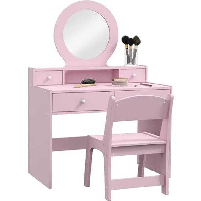 Kids Dressing Table Set w/ Stool, Mirror, Drawers - Pink - 100cm x 100cm