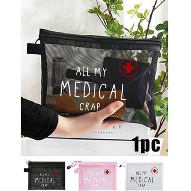SHEIN Mesh Cosmetic Bag With &#34;All My Medical Crap&#34; Cartoon Red Cross Pattern, Red Air Cushion Storage Portable Storage Bag, Makeup Bag, Skincare Bag, Travel