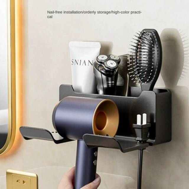 SHEIN 1pc 16.5*12.5 Inch Wall-Mounted Hands-Free Hair Dryer Holder Rack, ABS Material, Bathroom Hair Dryer Stand Fit For Hair Dryer No-Drill Bathroom Decor
