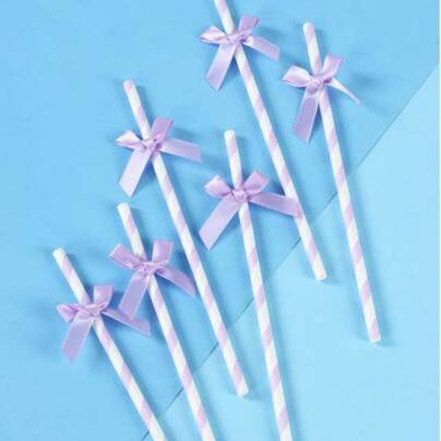 SHEIN 8/16pcs Light Purple Striped Paper Straws With Ribbon Bow For Drinking And Crafts, Party Paper, Straws, Tableware Supplies, Mermaid Birthday Party Wed