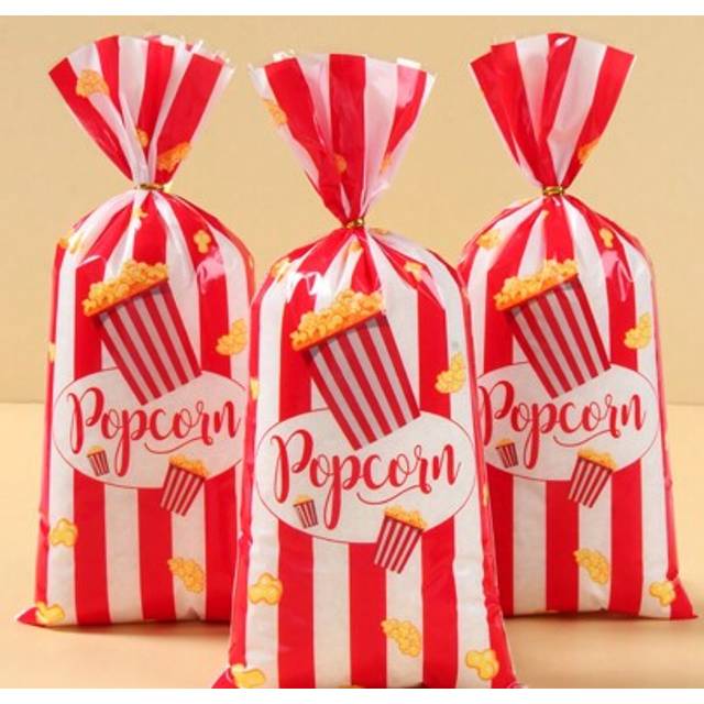 SHEIN 25/50/100pcs Plastic Popcorn Candy Bags With Twist Ties, Red And White Striped Cookie Snack Bakery Packaging Pouches,Bulk Popcorn Machine Accessories