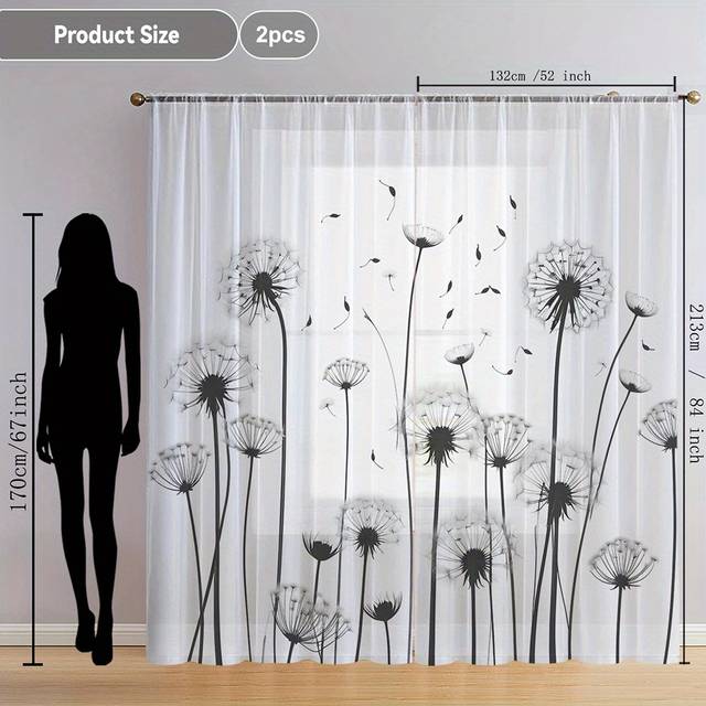 TEMU 2pcs Elegant Dandelion Sheer Curtains - Gray And White , Rod Pocket, Lightweight Polyester Fabric, Living Room, Kitchen, Cafe, Bedroom, And More, Curtains For Living Roo