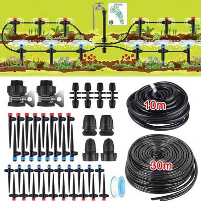 SHEIN 131FT 40M Drip Irrigation Kit Garden Plants Self Watering System Drip Irrigation Kits For Plants Quick-Connect Fitting Tube Adjustable Drip Emitters M