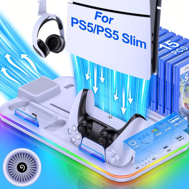 TEMU Cooling Bracket For Disc/digital Of Ps5/ps5 Slim, With Rgb Lighting, Supports Dual Controller Charging, Headphone Hook, Disc Storage Bracket, Perfect Birthday Gift, Holiday Gift